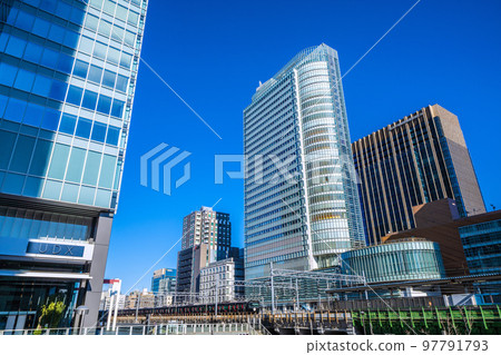 Cityscape of Tokyo, Japan View of office buildings in front of Akihabara Station (black Yamanote Line in the background) 97791793