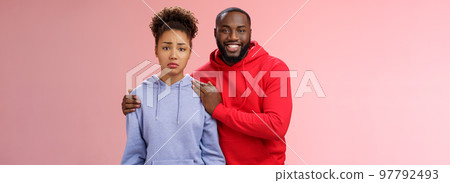 Girl unwilling participate event feel nervous insecure boyfriend encouraging hugging boost confidense assuring everything alright smiling self-assured promise everything be okay, pink background Girl unwilling participate event feel nervous insecure boyfriend encouraging hugging boost confidense assuring everything alright smiling self-assured promise everything be okay, pink background 97792493