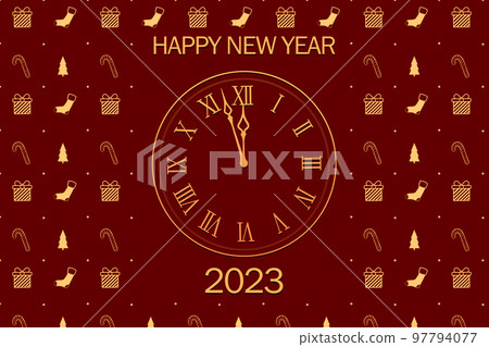 christmas clock on a festive red background. 2023 new year christmas clock on a festive red background. 2023 new year 97794077