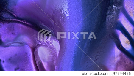 Blue-purple paint flow down, copy space for text. Slow motion. Shiny blue inks mix background. Color mixing, flowing fluid backdrop. Acrylic move pattern texture. Blue liquid river art 97794436