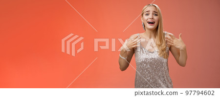 Astonished excited nervous young attractive blond woman freak out panic happily react awesome super star singer attend afterparty concert melting touched see favotire actor, standing amused Astonished excited nervous young attractive blond woman freak out panic happily react awesome super star singer attend afterparty concert melting touched see favotire actor, standing amused 97794602