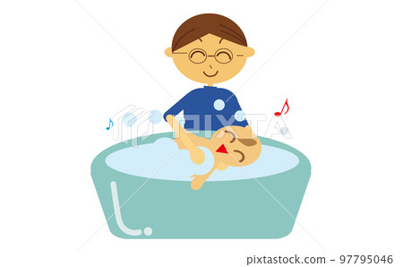 Illustration of a father bathing a newborn baby 97795046