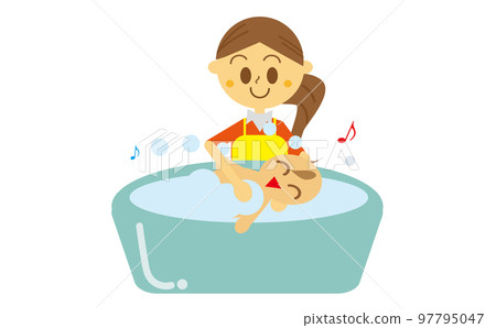 Illustration of a woman bathing a newborn baby in a baby bath, mother, parent and child, washing, parenting, childcare 97795047