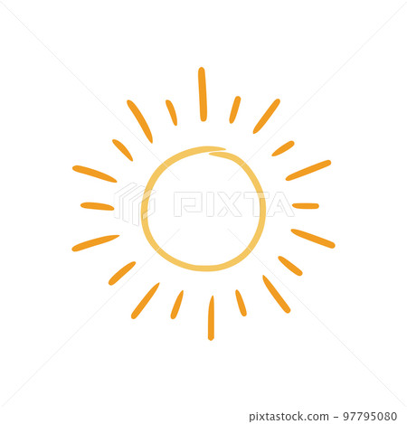 Doodle sun sketch illustration. Hand drawn cute orange sunshine. Scribble doodle children drawn style. Vector 97795080
