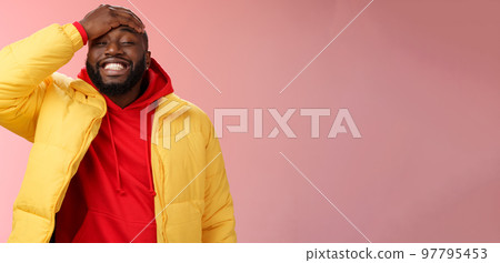 Charming cute black bearded 25s guy forget something stupid silly smiling friendly punch forehead grinning feel awkward say sorry standing pink background joyfully relaxed Charming cute black bearded 25s guy forget something stupid silly smiling friendly punch forehead grinning feel awkward say sorry standing pink background joyfully relaxed 97795453