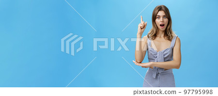 I got excellent idea. Portrait of polite adult straight A student raising index finger in eureka gesture wanting add suggestion asking permission to speak standing excited over blue background I got excellent idea. Portrait of polite adult straight A student raising index finger in eureka gesture wanting add suggestion asking permission to speak standing excited over blue background 97795998