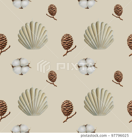 Cotton, pine and candles watercolor seamless pattern. Hand drawn clipart isolated on white background. Holiday winter print. For wedding invitation, textile, card, invitation, tags, printing, wrapping Cotton, pine and candles watercolor seamless pattern. Hand drawn clipart isolated on white background. Holiday winter print. For wedding invitation, textile, card, invitation, tags, printing, wrapping 97796025