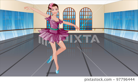 Cute Ballerina Female Cartoon Character on a Dancing Studio Background Scene. Vector Illustration Cute Ballerina Female Cartoon Character on a Dancing Studio Background Scene. Vector Illustration 97796444