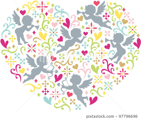 Illustration of an angel, flowers and a heart pattern Illustration of an angel, flowers and a heart pattern 97796696