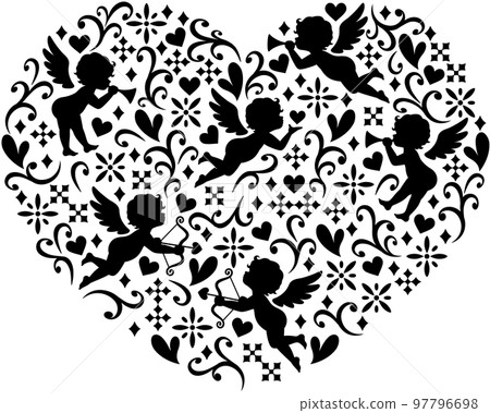 Illustration of an angel, flowers and a heart pattern 97796698