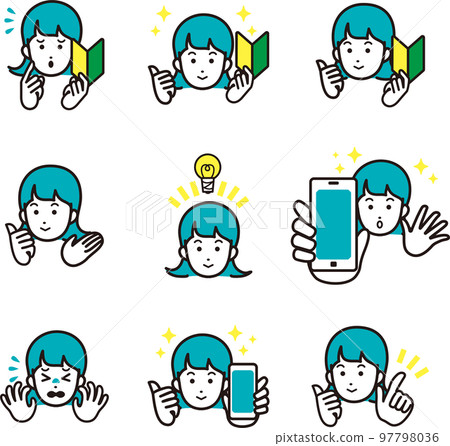 Beginner woman person business face hand smartphone illustration material set Beginner woman person business face hand smartphone illustration material set 97798036