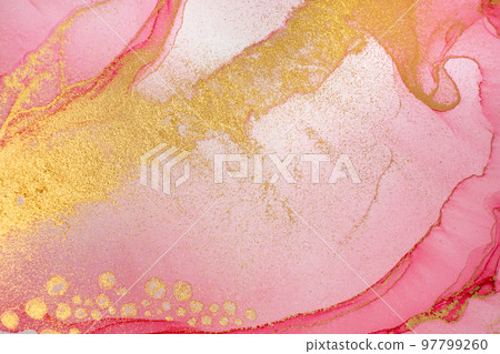 Watercolor Red Waves, Swirls and Drops with golden Stripes and Circles 97799260