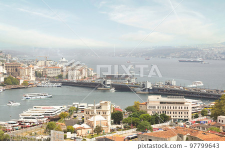Aerial view of Golden Horn, with Galata Bridge, Karakoy Ferry Terminal, and Bosphorus bridge, Istanbul, Turkey 97799643