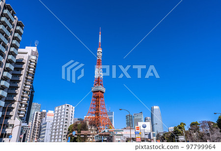 Tokyo cityscape in Japan View of Tokyo Tower etc. shining in the blue sky from the intersection of Akabane Bridge Tokyo cityscape in Japan View of Tokyo Tower etc. shining in the blue sky from the intersection of Akabane Bridge 97799964