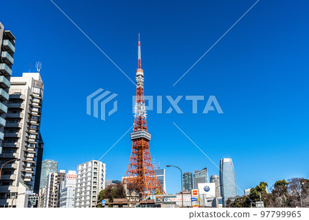 Tokyo cityscape in Japan View of Tokyo Tower etc. shining in the blue sky from the intersection of Akabane Bridge Tokyo cityscape in Japan View of Tokyo Tower etc. shining in the blue sky from the intersection of Akabane Bridge 97799965