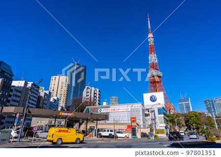 Tokyo cityscape in Japan View of Tokyo Tower and Toranomon-Azabudai Project shining in the blue sky from the intersection of Akabanebashi Tokyo cityscape in Japan View of Tokyo Tower and Toranomon-Azabudai Project shining in the blue sky from the intersection of Akabanebashi 97801351