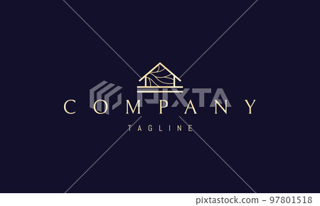 Vector golden logo on which an abstract image of a wooden house with a pattern of tree branches. 97801518
