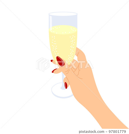 A glass of champagne in a woman's hand. Festive illustration, vector 97801779