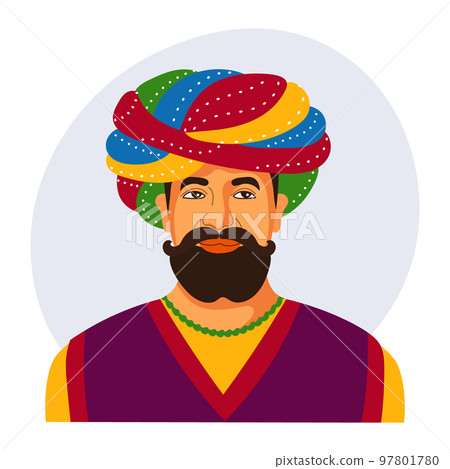 Colorful portrait of an Indian man in a turban. Illustration, poster, vector 97801780