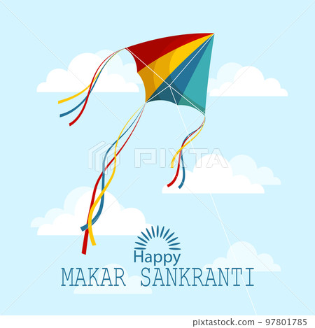 Happy Makar Sankranti, colorful kite in the sky with clouds. Hindu holiday card, vector Happy Makar Sankranti, colorful kite in the sky with clouds. Hindu holiday card, vector 97801785