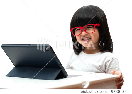 Little Asian Preschooler girl wearing red glasses and using tablet pc on white background, Asian girl talking and learning with a video call with a tablet, Educational concept for school kids. Little Asian Preschooler girl wearing red glasses and using tablet pc on white background, Asian girl talking and learning with a video call with a tablet, Educational concept for school kids. 97801851