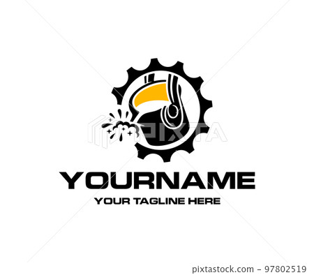 Metallurgy and foundry, iron molten metal pouring in gear, logo design. Heavy industry and engineering, industrial, vector design and illustration 97802519