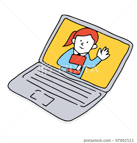 A girl waving her hand on the laptop screen Illustration of remote work and web conferencing 97802521