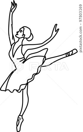Watercolor dancing ballerina black lines. Isolated dancing ballerina. Hand drawn classic ballet performance, pose. Young  pretty ballerina women  illustration. Can be used for postcard and posters.  97803169