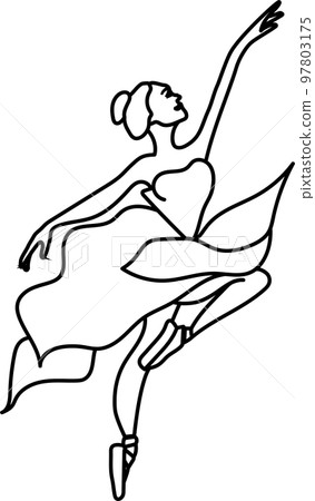 Watercolor dancing ballerina black lines. Isolated dancing ballerina. Hand drawn classic ballet performance, pose. Young  pretty ballerina women  illustration. Can be used for postcard and posters.  97803175