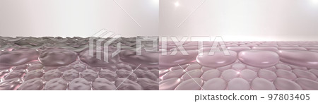 Skin surface before and after peeling. 3d rendered illustration of action of peeling gel, laser resurfacing, chemical peeling, microdermabrasion or other beauty spa procedure 97803405