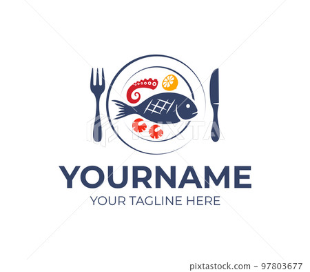 Seafood restaurant, fork, knife and plate with fish, octopus, squid, shrimp and lemon, logo design. Food, fast food, organic and natural meal, vector design and illustration Seafood restaurant, fork, knife and plate with fish, octopus, squid, shrimp and lemon, logo design. Food, fast food, organic and natural meal, vector design and illustration 97803677