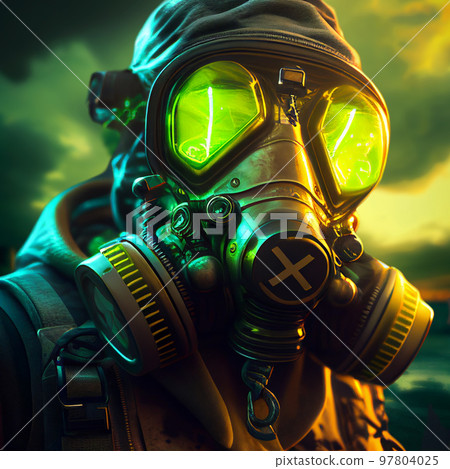 Man in gas mask and dramatic sky 97804025