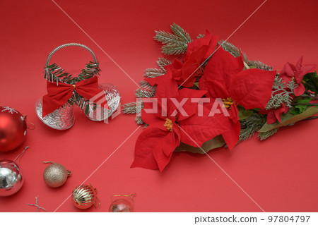 christmas material christmas tree ornaments red background 97804797