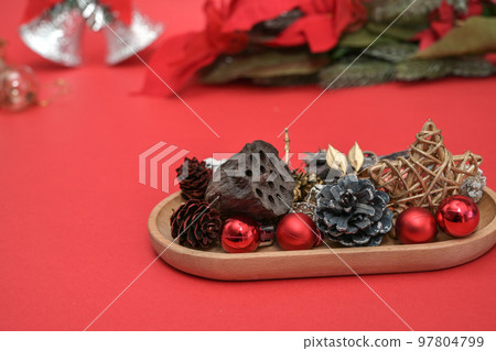 christmas material christmas tree ornaments red background christmas material christmas tree ornaments red background 97804799