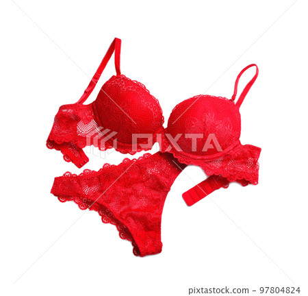 Elegant red women's underwear isolated on white, top view 97804824