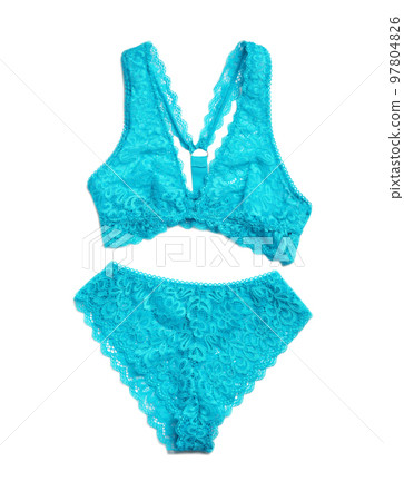 Elegant turquoise women's underwear isolated on white, top view 97804826