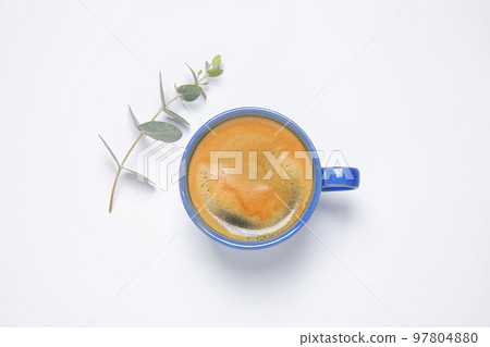 Coffee in cup and eucalyptus on white background, top view. Color of the year 2020 (Classic blue) 97804880