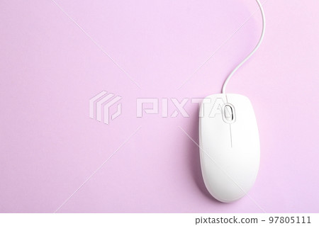 Modern wired optical mouse on lilac background, top view. Space for text Modern wired optical mouse on lilac background, top view. Space for text 97805111