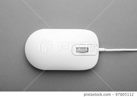 Modern wired computer mouse on grey background, top view 97805112