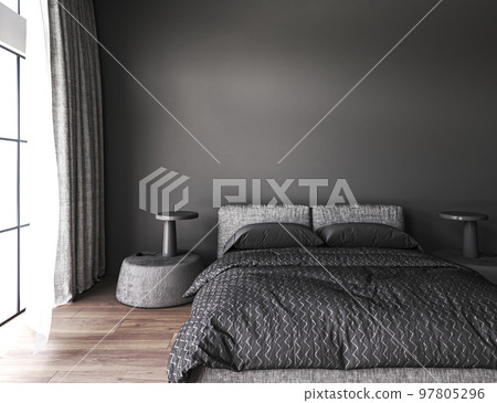 Black modern minimalism interior of stylish master bedroom with wooden floor, comfortable king size bed and large window. Front view. Mockup gray wall. 3d rendering. High quality 3d illustration 97805296