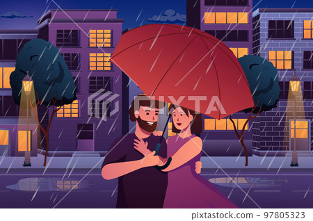 Couple in Rain Cartoon Vector Illustration 97805323