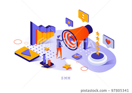 SMM concept in 3d isometric design. Online advertising, business promotion and attraction of new customers, social media marketing web template with people scene. Vector illustration for webpage 97805341