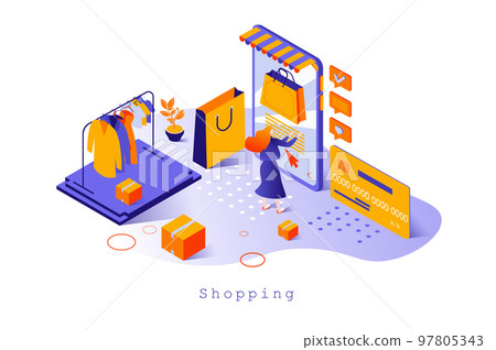 Shopping concept in 3d isometric design. Customer making purchases at mobile app, choosing products and buying online with credit card, web template with people scene. Vector illustration for webpage 97805343