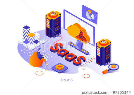 SaaS concept in 3d isometric design. Users subscribe to software and purchasing licenses, using cloud computing and storage platform, web template with people scene. Vector illustration for webpage 97805344