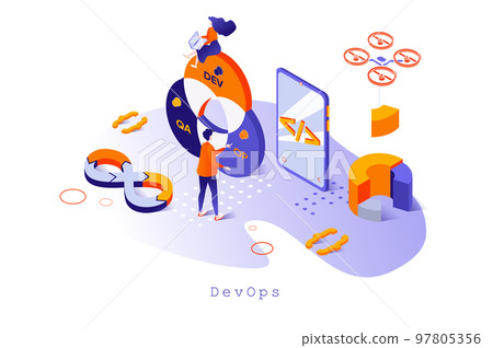 DevOps concept in 3d isometric design. Programming and development operations, working administration and workflow management service, web template with people scene. Vector illustration for webpage 97805356