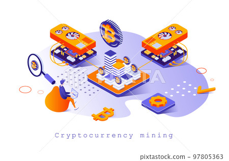 Cryptocurrency mining concept in 3d isometric design. Mining bitcoins and other crypto money on farm, trading, blockchain technology, web template with people scene. Vector illustration for webpage Cryptocurrency mining concept in 3d isometric design. Mining bitcoins and other crypto money on farm, trading, blockchain technology, web template with people scene. Vector illustration for webpage 97805363