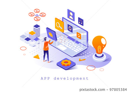 App development concept in 3d isometric design. Designer create interface for programs or applications. Developer programming software, web template with people scene. Vector illustration for webpage App development concept in 3d isometric design. Designer create interface for programs or applications. Developer programming software, web template with people scene. Vector illustration for webpage 97805384