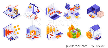 Unemployment and crisis concept isometric 3d icons set. Mass layoffs, business closures, sale of real estate for debts, loss of money, bankruptcy, isometry isolated collection. Vector illustration 97805386