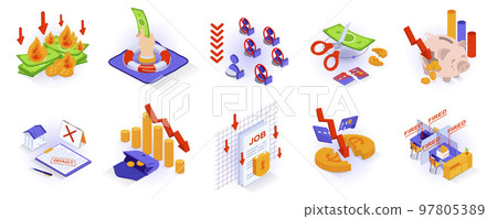 Unemployment and crisis concept isometric 3d icons set. Bankruptcy and loss of money savings, job loss, financial crisis at company, default, debts, isometry isolated collection. Vector illustration 97805389
