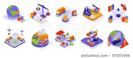 Oil and Industry concept isometric 3d icons set. Global oil trading, storage and distribution isometry isolated collection. Factory equipment, production technology and other. Vector illustration 97805406